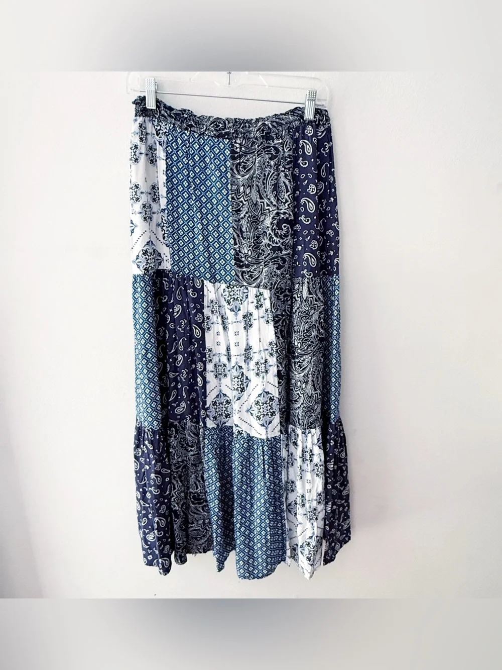 Style & Co Women Blue Floral Patchwork Tiered Maxi Skirt Small Boho Beach Coast